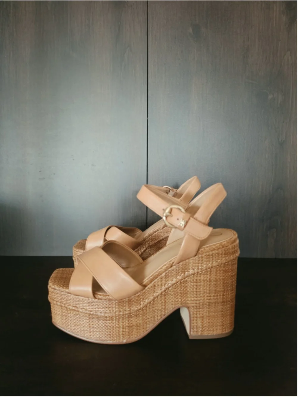 Sam Edelman Trianna LEATHER Woven Jute Raffia Block Heel Sandals 7.5 M Tan Brown